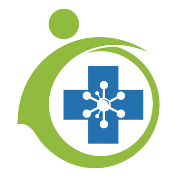 Green and blue medical health care symbol with cross and atoms  health icon icon