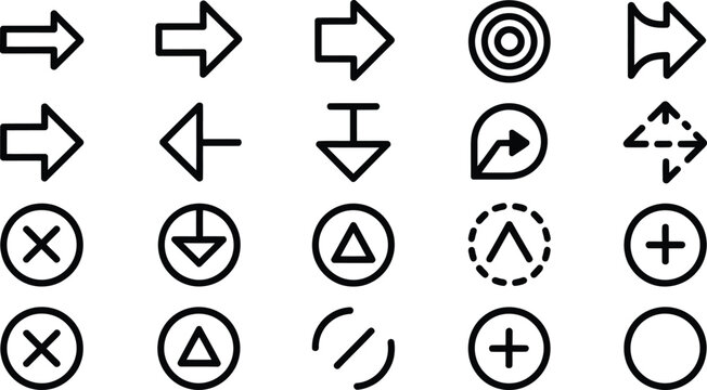 Collection of black and white line representing directional and action symbols