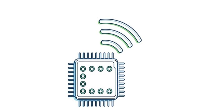 Simplified illustration depicting a microchip emitting wireless signals. Stylized design, isolated on a white backdrop. Clean and modern aesthetic