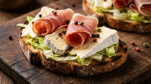 Gourmet Open-Faced Sandwich with Brie, Prosciutto, and Greens on Rustic Bread.