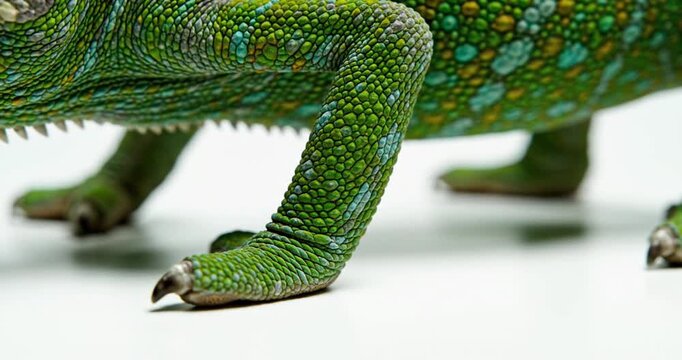 Close-up of a vibrant green lizard's textured limbs showcasing intricate patterns and colors