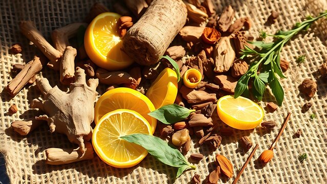 correlating. Assorted botanicals scattered on rough burlap fabric in sunlight. gardening catalogs, home-decor guides, designed for home decor and floral branding, promotes healthy living.