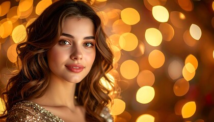 Fototapeta premium Portrait of a woman with long, wavy brown hair and sparkling outfit, in front of soft golden bokeh lights