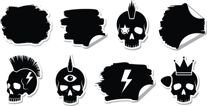 Skulls with Various Punk Rock Symbols and Graffiti on White Background
