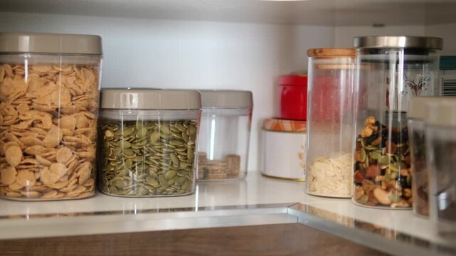 Organizing dry food items in kitchen pantry containers