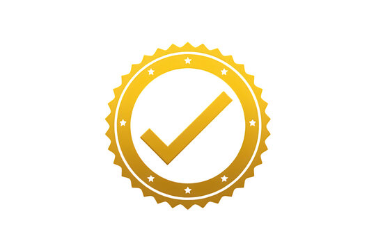 Gold check mark icon in a quality guarantee badge, symbolizing success, verification, and trusted premium service