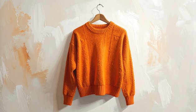 Vibrant orange sweater on a hanger against abstract background