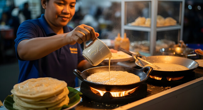 Female street food vendor pouring fresh liquid batter into a hot sizzling pan to cook traditional pancakes at a night market stall