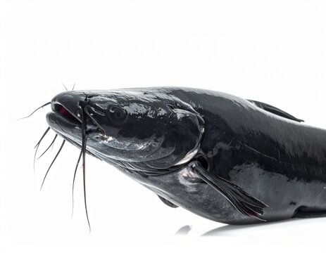 Close-up of a Freshly Caught Black Catfish on White Background.