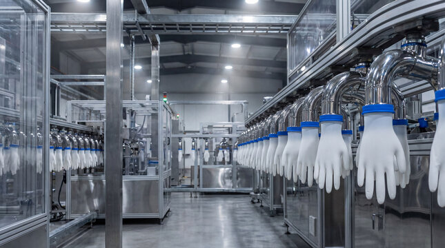 Rows of freshly produced medical gloves moving along a high-tech automated production line in a sterile factory environment
