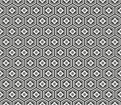 Seamless Japanese Kikkou Hanabishi pattern. Elegant geometric hexagons with floral motifs, perfect for apparel, bandanas, kimonos, home decor, and wrapping paper. Traditional oriental vector art.
