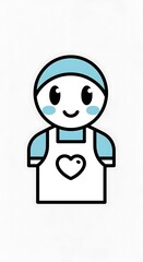 Fototapeta premium Simplified illustration of a person with a blue hat and apron featuring a heart, against a white background. It has large eyes