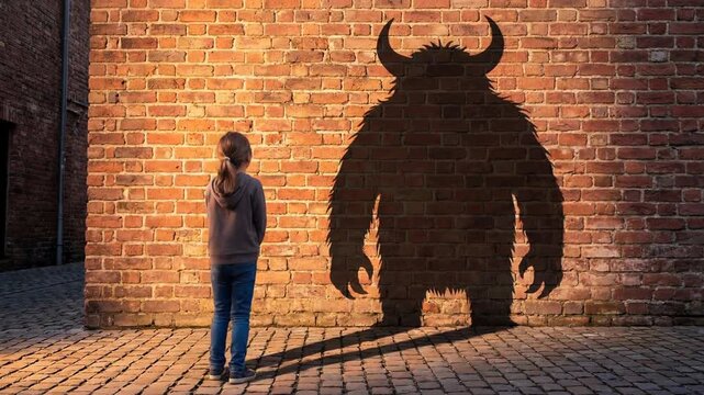 Spooky blonde girl in worn black and white photo concept. Child facing shadow of a monster on brick wall representing imagination and fear concept