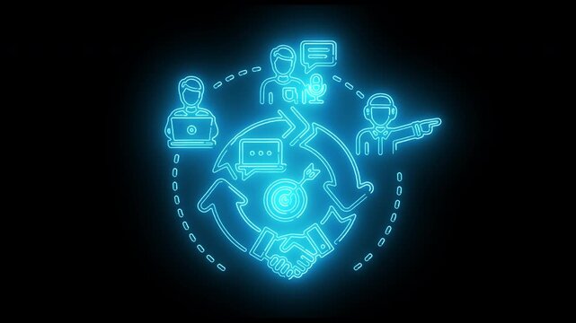 Glowing blue neon illustration of business teamwork and communication in a circular flowchart on a black background.