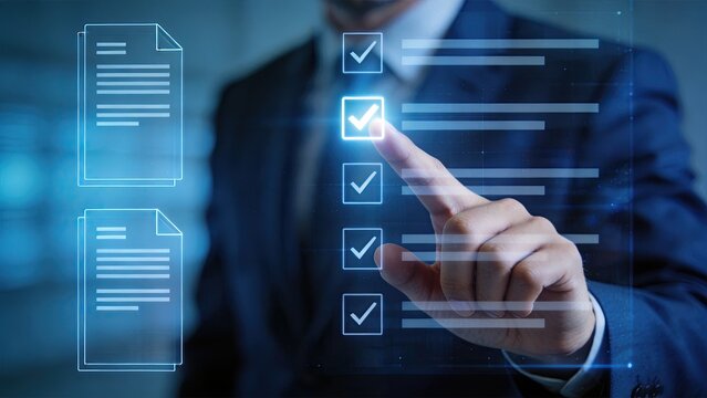 Businessman selecting checklist options on digital interface corporate decision making concept modern technology professional workflow office environment blue tone futuristic