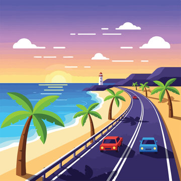A coastal highway with cars, palm trees, beach, ocean, sunset, and lighthouse