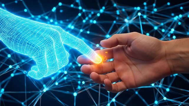 Advanced Human hand digital wireframe hand connection for Digital Transformation and Cyber Infrastructure
