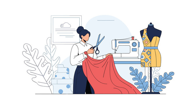 Professional fashion designer cutting red fabric with scissors in a creative studio near a sewing machine and mannequin.