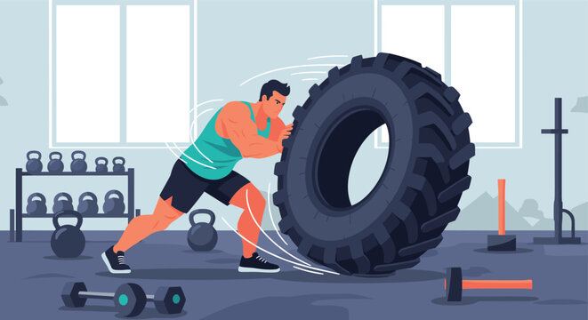 Athletic man performing a tire flip exercise in a fitness gym as part of a high-intensity functional training workout.