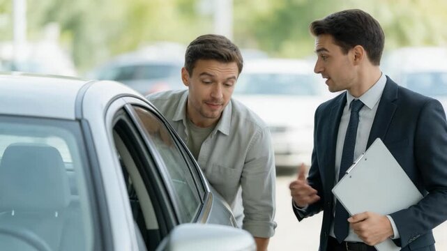 Medium shot of a customer inspecting a used car while a finance professional explains payment plans keeping the vehicle and faces clear with a smooth bokeh effect beyond.