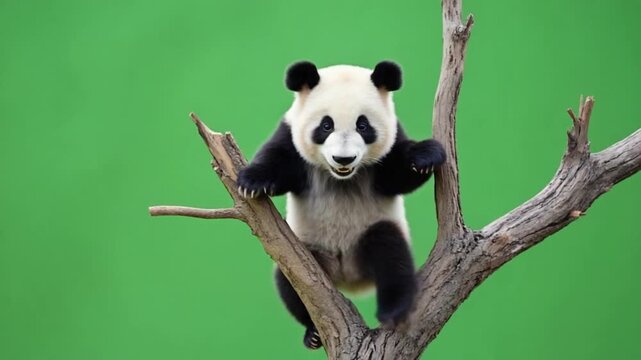 Playful giant panda cub climbing tree branch in lush green forest habitat
