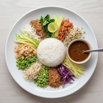 Authentic Thai rice salad or Khao Yam with fresh herbs, vegetables, and Budu sauce. Traditional healthy Southern Thai cuisine on white wooden table.
