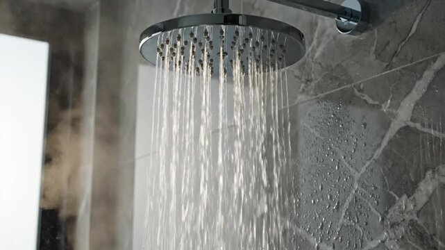 Refreshing shower stream with clear water droplets flowing from a modern fixture, creating a serene and clean bathroom atmosphere for personal well-being