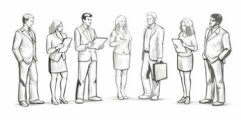 Obraz premium A group of business professionals standing and interacting in a sketch