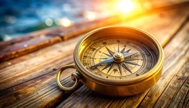 Vintage brass compass resting on weathered wooden planks by the sea, guiding summer adventure and travel.