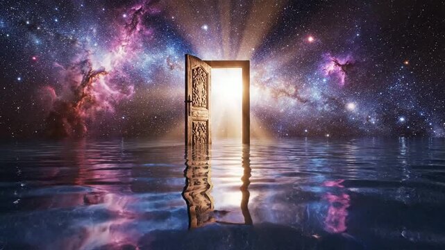 Mystical Doorway Opens to Infinite Galaxy Universe Over Reflective Water