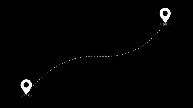 Two Location Point Connection with Lines, Location Pin Pointer. Travel path animation connecting two map markers with dashed