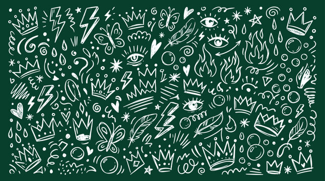Whimsical chalk doodle pattern with crowns butterflies lightning bolts and eyes on a dark green chalkboard background
