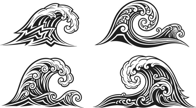 Set of black and white ocean wave illustrations in various artistic styles representing powerful sea currents and surfing culture.