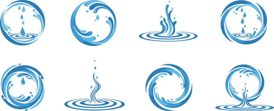 Water splash logo collection, blue liquid drop wave icons set, abstract aqua symbols, clean fluid design elements vector illustration