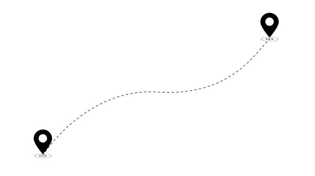 Two Location Point Connection with Lines, Location Pin Pointer. Travel path animation connecting two map markers with dashed