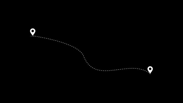 Two Location Point Connection with Lines, Location Pin Pointer. Travel path animation connecting two map markers with dashed