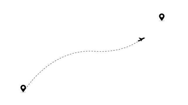 Two location point travel plane animation. Travel and vacation concept. Animated travel flying two location point route destination. move air plane flight route with start point and end poin. suitable