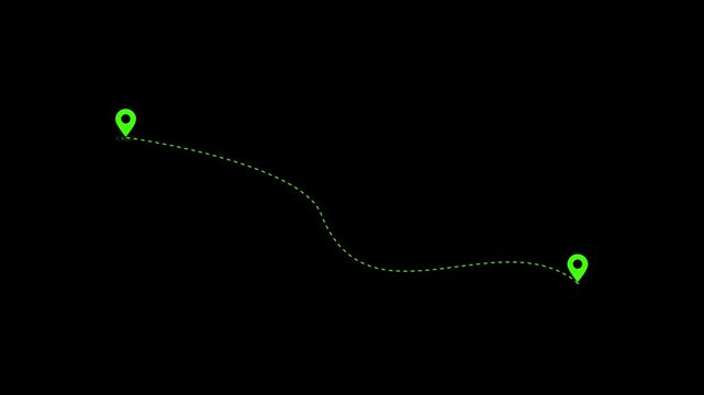 Two Location Point Connection with Lines, Location Pin Pointer. Travel path animation connecting two map markers with dashed