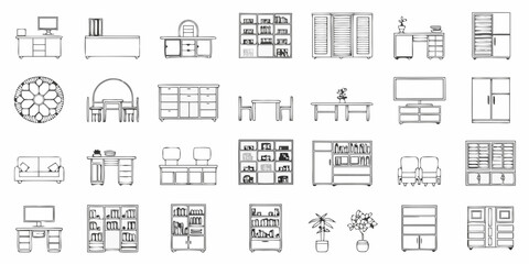 Hand drawn furniture sketches including cabinets sofas and home decor items © Smritykona