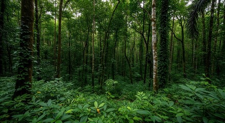 Fototapeta premium Lush Green Forest Canopy with Dense Undergrowth and Tall Trees.