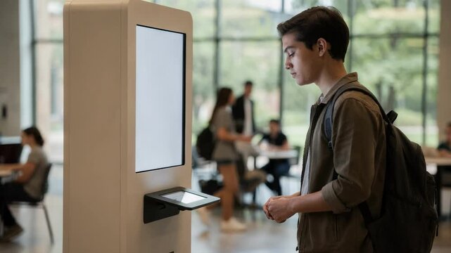 University center setting features a medium shot of a student engaging with an algorithmic savings advisor kiosk the main interface in crisp focus against a soft background of