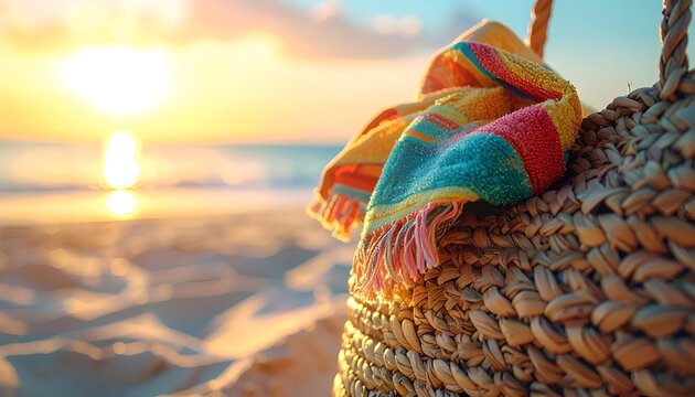 Woven straw beach bag with a colorful striped towel on golden sand, illuminated by a warm sunset
