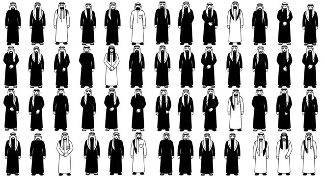 Diverse group of men in traditional Arab attire, standing together.