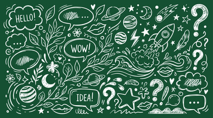 Naklejka premium Creative chalk drawing on a green blackboard featuring space elements planets rocket and speech bubbles with words like hello idea and wow symbolizing imagination and communication