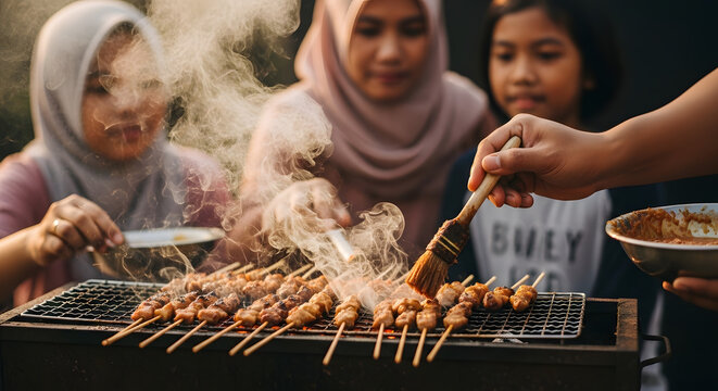 A group of people in modest attire gathering around a grill while one person brushes sauce onto smoking meat skewers during a barbecue