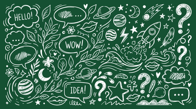 Creative chalk drawing on a green blackboard featuring space elements planets rocket and speech bubbles with words like hello idea and wow symbolizing imagination and communication