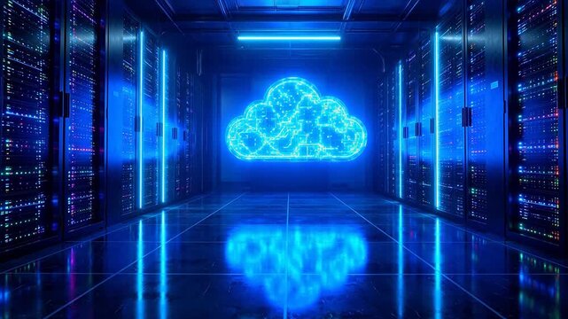 Advanced Server room with cloud data symbol for Digital Transformation and Cyber Infrastructure