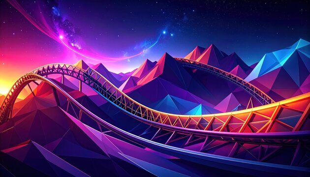 Rollercoaster track weaves through stylized mountains under a vibrant night sky