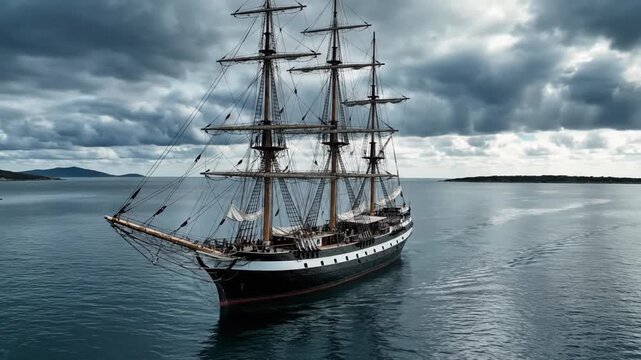 Old ship sailing on ocean.