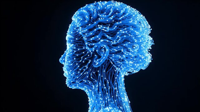Glowing Neural Network Human Head - An artistic video of a human head and neck is formed from glowing blue wires with bright dots, resembling a neural network.